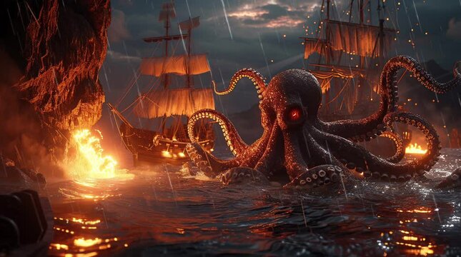 Epic battle scene: A massive octopus emerges from the depths, attacking a pirate ship on stormy seas.
 Seamless looping 4k time-lapse virtual video animation background. Generated AI