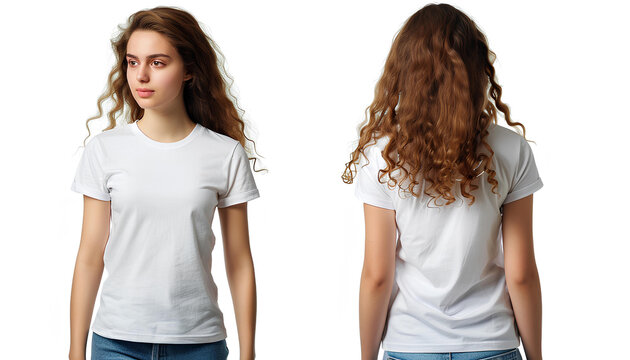 Front and back views of young woman in stylish t-shirt on white background