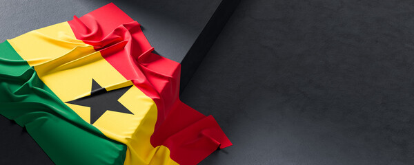 Flag of Ghana. Fabric textured Ghana flag isolated on dark background. 3D illustration - 766318203