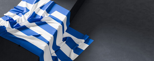 Flag of Greece. Fabric textured Greece flag isolated on dark background. 3D illustration - 766318231