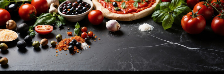 Bodegón de una deliciosa pizza italiana recién horneada sobre mesa de piedra de pizarra, con tomates, cebollas, queso, y otros ingredientes.
