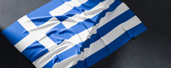 Flag of Greece. Fabric textured Greece flag isolated on dark background. 3D illustration - 766318258