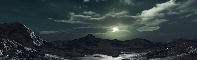 panorama of landscape with craters at sunset, lunar landscape, 3D rendering