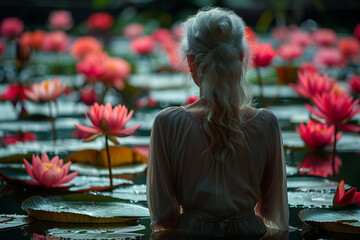 A woman sitting in a pond surrounded by water lilies on Wesak or Vesak day