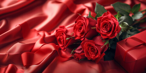 Valentine's Day Red Roses bouquet and gift box over silk background.