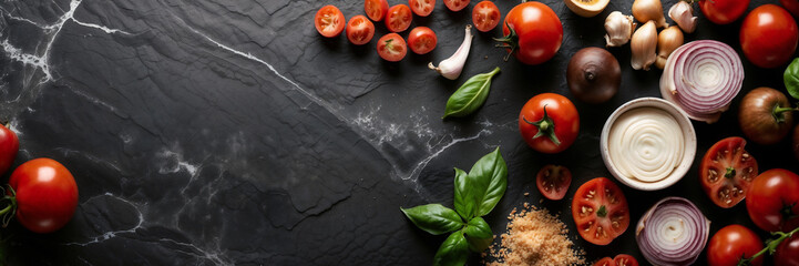 Ingredientes para una deliciosa pizza italiana sobre mesa de piedra de pizarra, tomates, cebollas, queso, cilantro, champiñones y otros ingredientes.