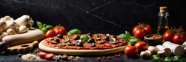 Bodegón de una deliciosa pizza italiana recién horneada sobre mesa de piedra de pizarra, con tomates, cebollas, queso, y otros ingredientes.