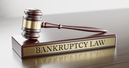 Bankruptcy Law: Judge's Gavel as a symbol of legal system and wooden stand with text word