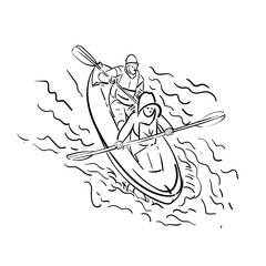 Sketch of kayaking people on river, lake , man , woman. view from front, Hand drawn Vector illustration isolated. Doodle sketch sport.
