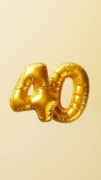 Golden balloons Number 40 rise and float animation. Anniversary concept. 3d render