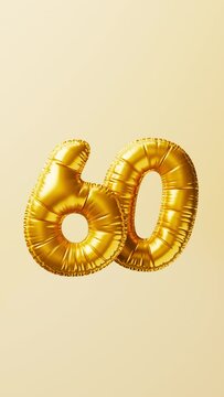 Golden balloons Number 60 rise and float animation. Anniversary concept. 3d render