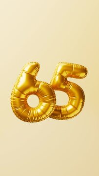 Golden balloons Number 65 rise and float animation. Anniversary concept. 3d render