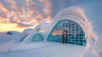 1. Envision a series of ice hotels in the Arctic, with intricate ice sculptures, thermal insulation...