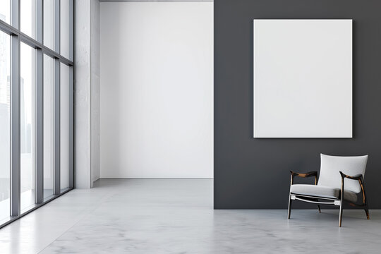Minimalist interior with blank frame for art mockups or design.