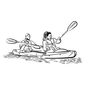 recommend clip art: Sketch of kayaking people on river, lake , man , woman. view from front, Hand drawn Vector illustration isolated. Doodle sketch sport.