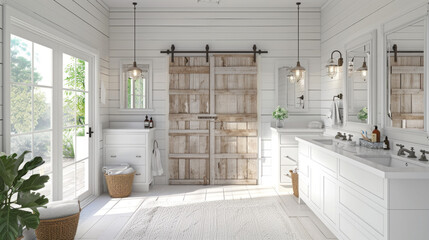 A modern farmhouse bathroom with a barn door, shiplap walls, and a double vanity crafted from reclaimed wood for rustic charm