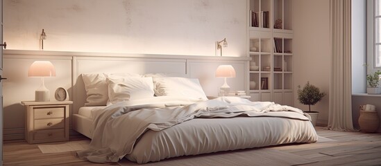 Obraz premium Neatly made bed with a white comforter, sheets, and pillows in a cozy room with soft lighting
