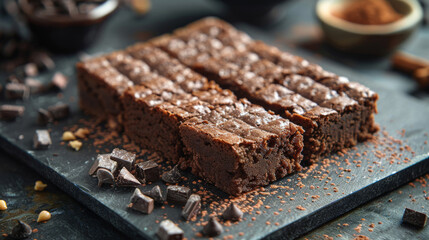 Fresh dark chocolate brownies on dark surface. Dark background. Sweet. Moist. Treat. - obrazy, fototapety, plakaty