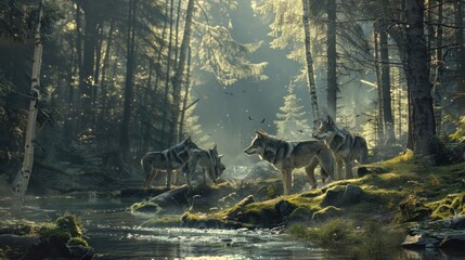 A fairy-tale forest straight out of a storybook, where wise and noble forest guardians, in the form of majestic wolves, watch over the enchanted  - obrazy, fototapety, plakaty