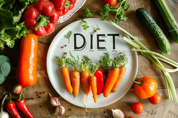 Top-view flat lay of fresh vegetables on a wooden table with 'DIET' sign, good for healthy lifestyle themes.