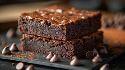 Fototapeta na wymiar Fresh dark chocolate brownies on dark surface. Dark background. Sweet. Moist. Treat.