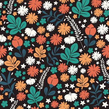 Vector illustration. Seamless floral pattern on a dark background, flowers, leaves. Ditsy floral pattern, field of flowers, print for fabric, textile, wallpaper, clothing, packaging