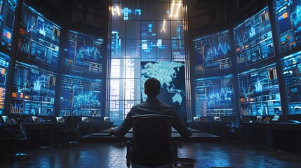 Man sit facing left on the chair Surrounded by Screens Displaying