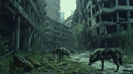 A post-apocalyptic cityscape reclaimed by nature, where a pack of urban wolves roams the crumbling streets and derelict buildings - obrazy, fototapety, plakaty