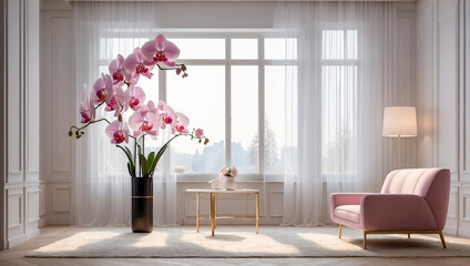 Interior of a stylish fashionable living room, in light colors with flowers