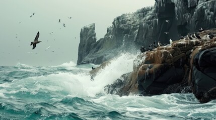 A rugged coastline battered by crashing waves, where a pod of sea wolves, adept swimmers and hunters - obrazy, fototapety, plakaty