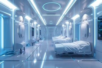 A futuristic hospital ward where AI monitors patient health through natural language processing of verbal feedback in a bright