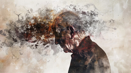 Abstract concept art of a senior man's profile with his head dissolving into fragmented particles, depicting themes of memory loss, aging, or mental health