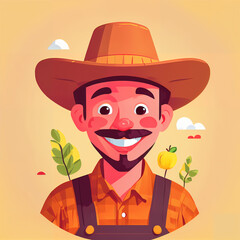 "Sunny Farmer's Sunflower Serenade" features a cartoonish farmer surrounded by vibrant sunflowers, exuding cheer with his friendly , plaid shirt, overalls, large hat, and beaming smile; 