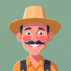 "Sunny Farmer's Sunflower Serenade" features a cartoonish farmer surrounded by vibrant sunflowers, exuding cheer with his friendly , plaid shirt, overalls, large hat, and beaming smile; 