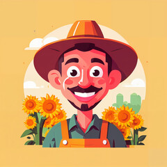 "Sunny Farmer's Sunflower Serenade" features a cartoonish farmer surrounded by vibrant sunflowers, exuding cheer with his friendly , plaid shirt, overalls, large hat, and beaming smile; 