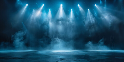 emptry Free stage with lights and smoke, Empty stage with blue spotlights, conser, show, party, Presentation concept. dark navy blue spotlight strike on black background. banner design