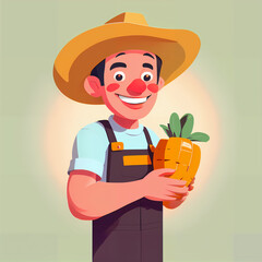 "Sunny Farmer's Sunflower Serenade" features a cartoonish farmer surrounded by vibrant sunflowers, exuding cheer with his friendly , plaid shirt, overalls, large hat, and beaming smile; 