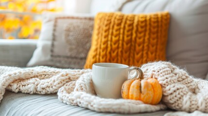 Fototapeta na wymiar Cozy Autumn Setting with Coffee and Pumpkin
