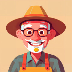 "Sunny Farmer's Sunflower Serenade" features a cartoonish farmer surrounded by vibrant sunflowers, exuding cheer with his friendly , plaid shirt, overalls, large hat, and beaming smile; 