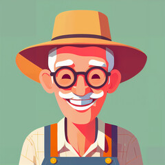 "Sunny Farmer's Sunflower Serenade" features a cartoonish farmer surrounded by vibrant sunflowers, exuding cheer with his friendly , plaid shirt, overalls, large hat, and beaming smile; 