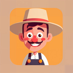 "Sunny Farmer's Sunflower Serenade" features a cartoonish farmer surrounded by vibrant sunflowers, exuding cheer with his friendly , plaid shirt, overalls, large hat, and beaming smile; 