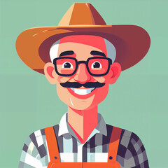 "Sunny Farmer's Sunflower Serenade" features a cartoonish farmer surrounded by vibrant sunflowers, exuding cheer with his friendly , plaid shirt, overalls, large hat, and beaming smile; 