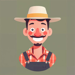 "Sunny Farmer's Sunflower Serenade" features a cartoonish farmer surrounded by vibrant sunflowers, exuding cheer with his friendly , plaid shirt, overalls, large hat, and beaming smile; 