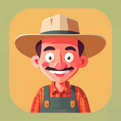 "Sunny Farmer's Sunflower Serenade" features a cartoonish farmer surrounded by vibrant sunflowers, exuding cheer with his friendly , plaid shirt, overalls, large hat, and beaming smile; 