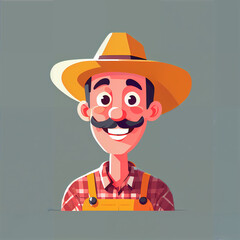 "Sunny Farmer's Sunflower Serenade" features a cartoonish farmer surrounded by vibrant sunflowers, exuding cheer with his friendly , plaid shirt, overalls, large hat, and beaming smile; 