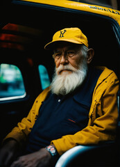 A wise old man with white beard and baseball cap in a taxi cab