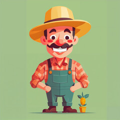 "Sunny Farmer's Sunflower Serenade" features a cartoonish farmer surrounded by vibrant sunflowers, exuding cheer with his friendly , plaid shirt, overalls, large hat, and beaming smile; 