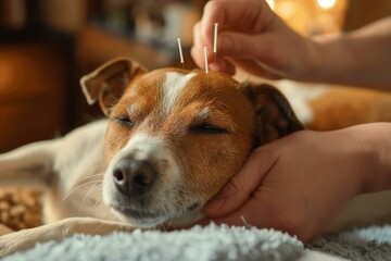 Dog Enjoying Acupuncture Therapy with Calm Expression - obrazy, fototapety, plakaty