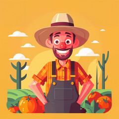 "Sunny Farmer's Sunflower Serenade" features a cartoonish farmer surrounded by vibrant sunflowers, exuding cheer with his friendly , plaid shirt, overalls, large hat, and beaming smile; 