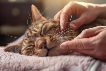 Relaxed Cat Enjoying Holistic Acupuncture Therapy on Soft Blanket